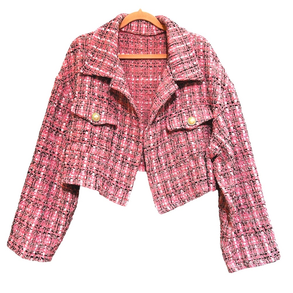 Shein pink plaid tweed cropped jacket size 3XL